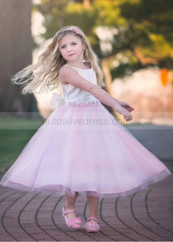 Satin Tulle 3D Flowers Waist Tea Length Flower Girl Dress